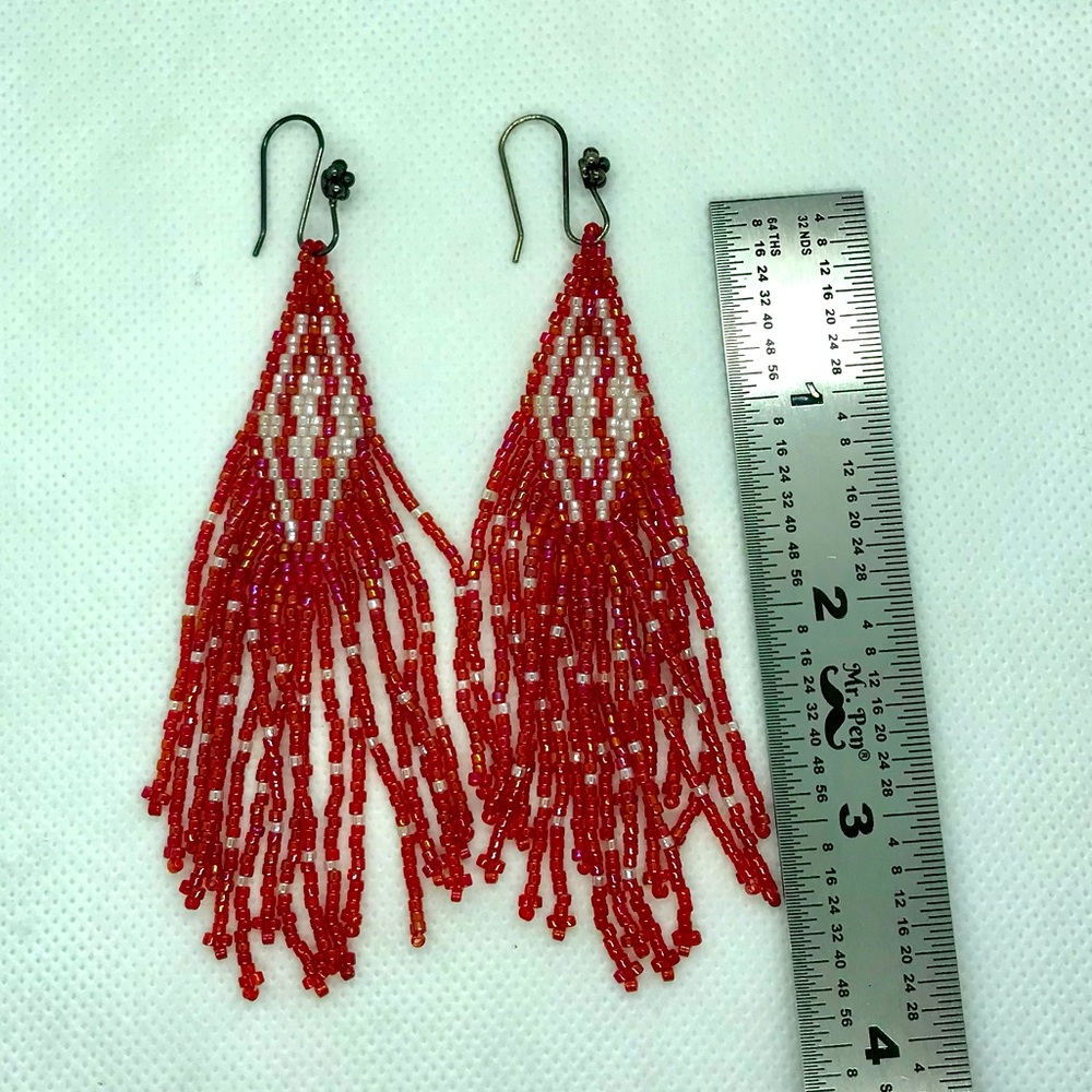 Hand beaded long fringe earrings